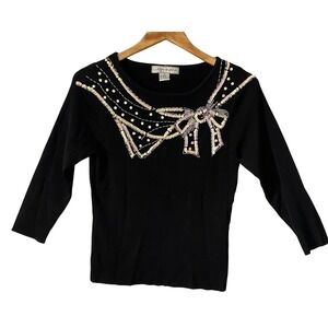 Lucia Burns Vtg Y2K Womens Black Sequin Beaded Bow Knit Top 3/4 Sleeve Size M